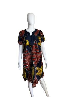 Multicolor African Wax Print Shift Dress Short Sleeve